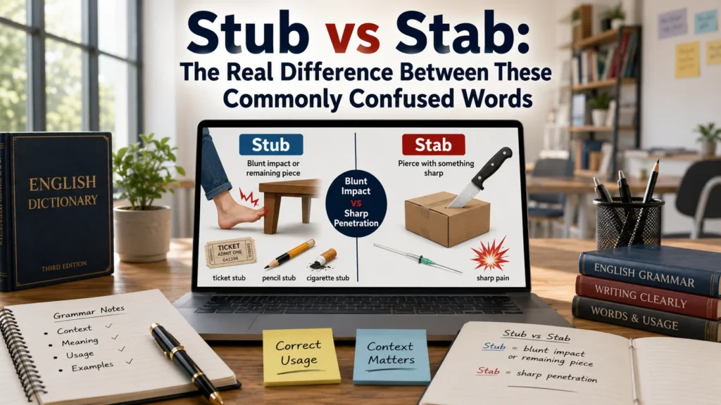 A modern grammar workspace comparing Stub and Stab with examples of a ticket stub, pencil stub, toe hitting furniture, and a knife safely piercing cardboard to explain the difference.