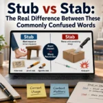 A modern grammar workspace comparing Stub and Stab with examples of a ticket stub, pencil stub, toe hitting furniture, and a knife safely piercing cardboard to explain the difference.