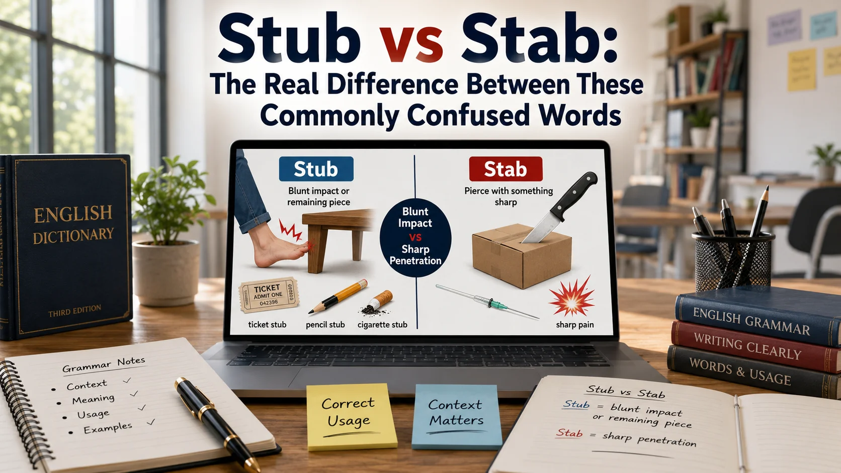 A modern grammar workspace comparing Stub and Stab with examples of a ticket stub, pencil stub, toe hitting furniture, and a knife safely piercing cardboard to explain the difference.