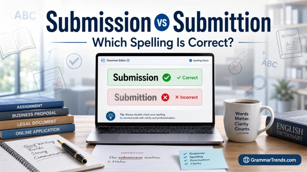 Submission vs Submittion spelling comparison showing Submission as the correct English spelling and Submittion as an incorrect misspelling on a modern grammar editing workspace.